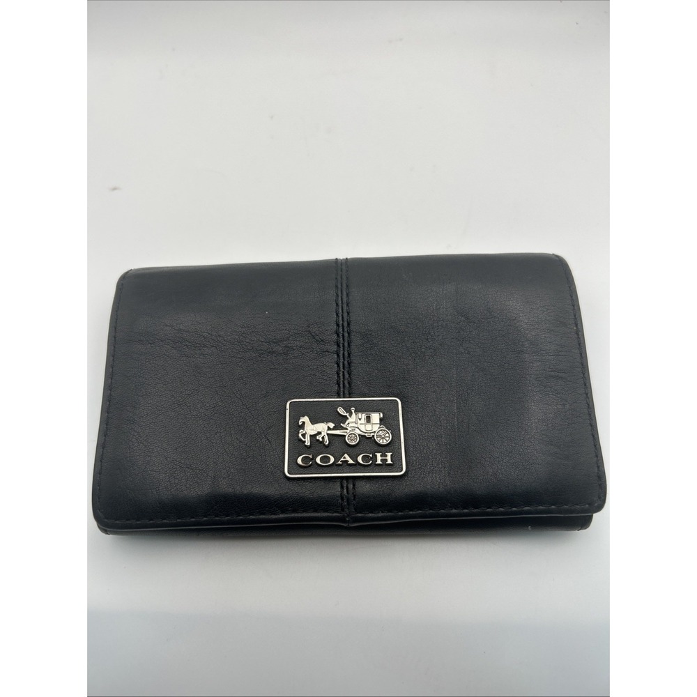 Coach Black Leather Clutch Wallet Horse Carriage Logo Silver Hardware